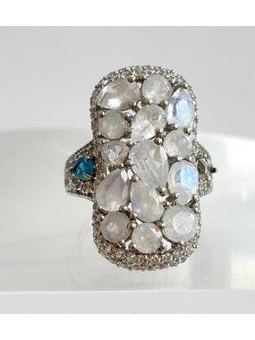 Pear Cut Quartz & Blue Topaz Cluster Sterling Silver 925 Vintage Ring - sz 7